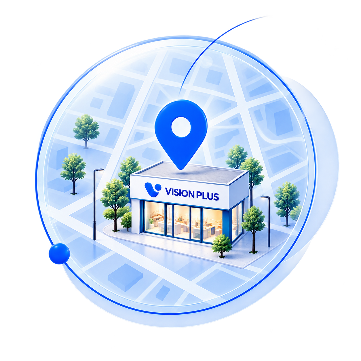 Vision Plus storefront on an illustrated map with a blue location pin